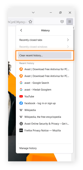 Clearing browsing history via the History menu in Mozilla Firefox for Windows 10 or 11.