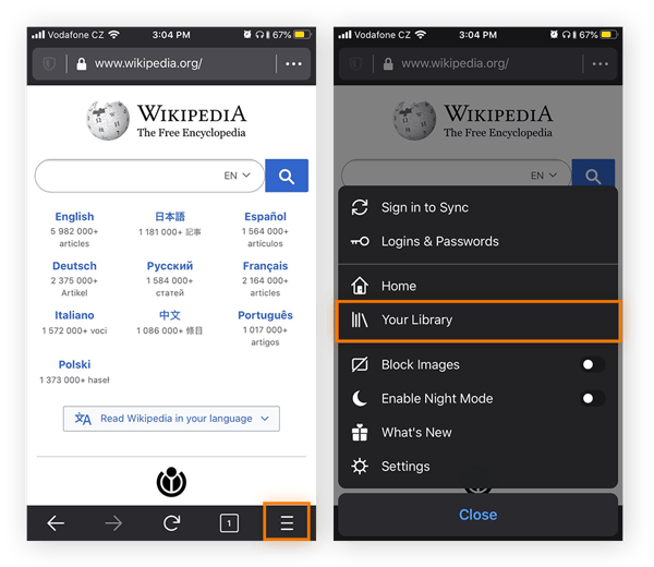 Navigating to the browser menu in Mozilla Firefox for iOS.