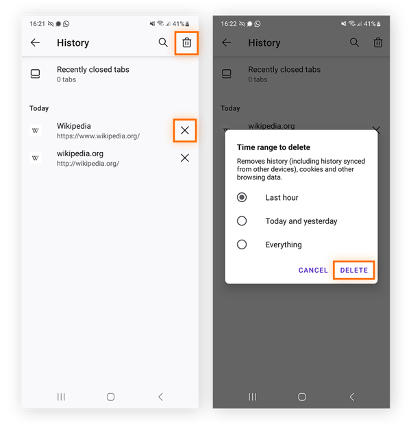 Viewing and clearing browsing history in Firefox for Android.