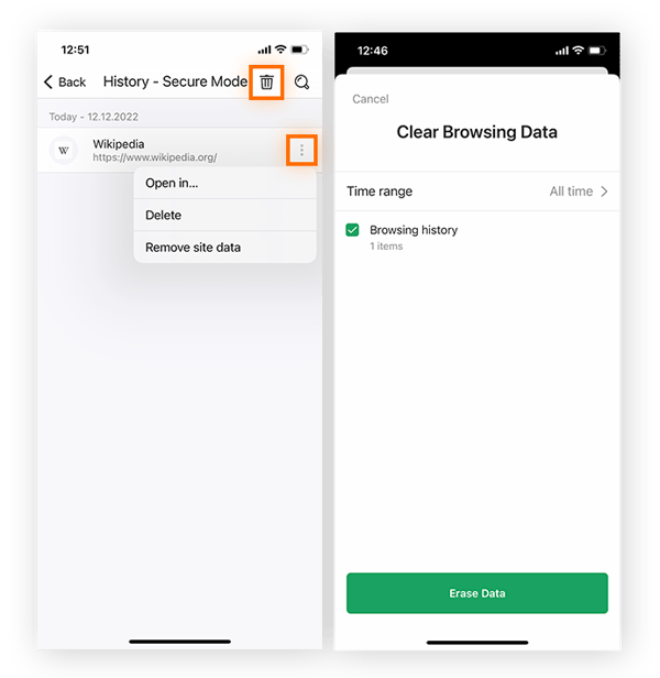 Deleting an individual browser history item or clearing all browsing history within a selected time range in Avast Secure Browser for iOS.