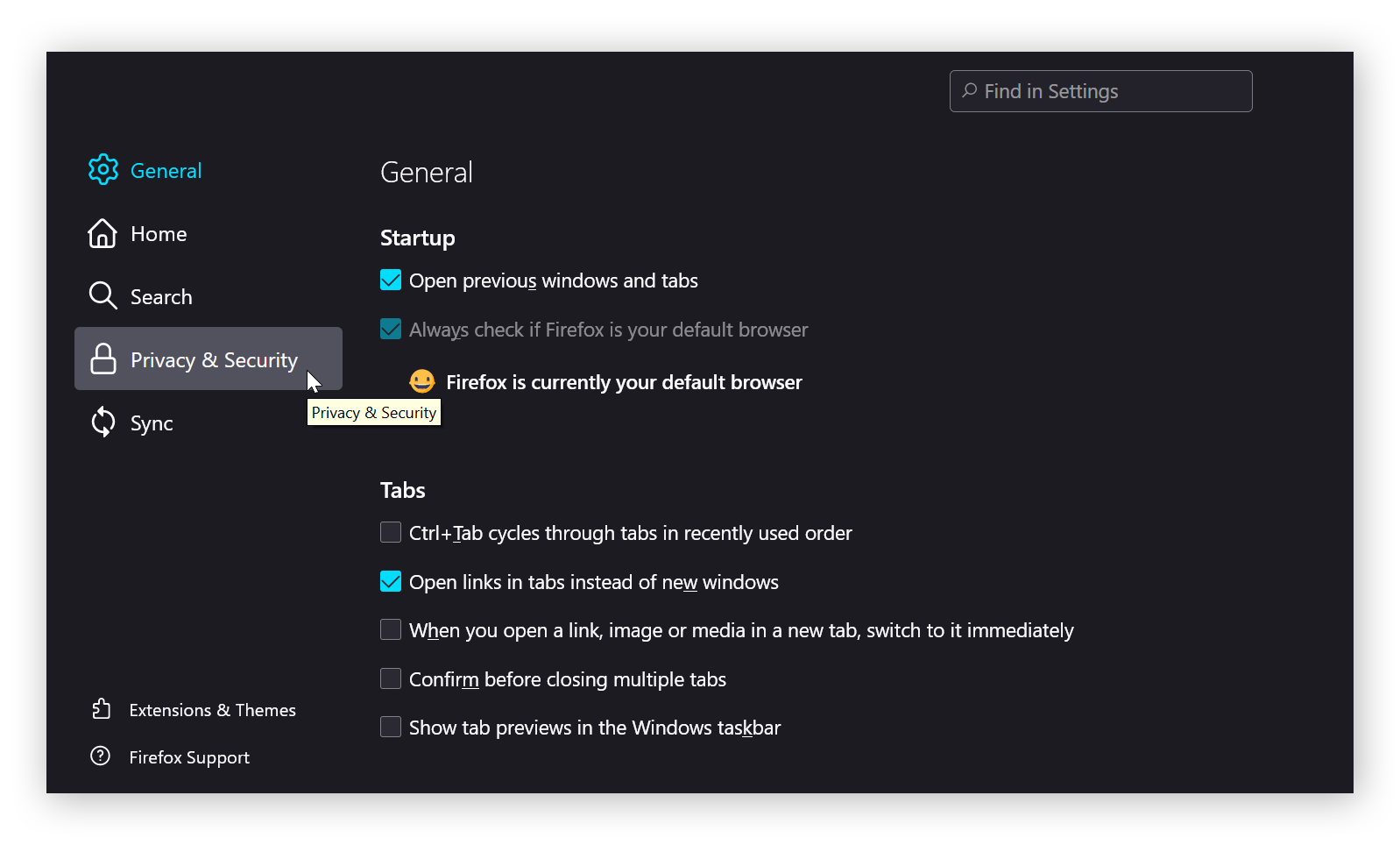 Una vista de los ajustes de Firefox, con el ratón sobre la cabecera «Privacidad y Seguridad».