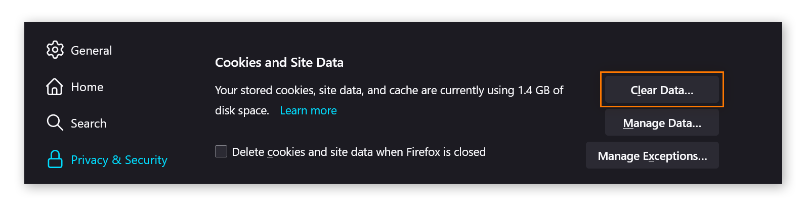 Una vista de los ajustes de «Privacidad y Seguridad» de Firefox, desplazándose hacia abajo hasta la sección «Cookies y datos del sitio». El botón «Limpiar datos» está marcado con un círculo.