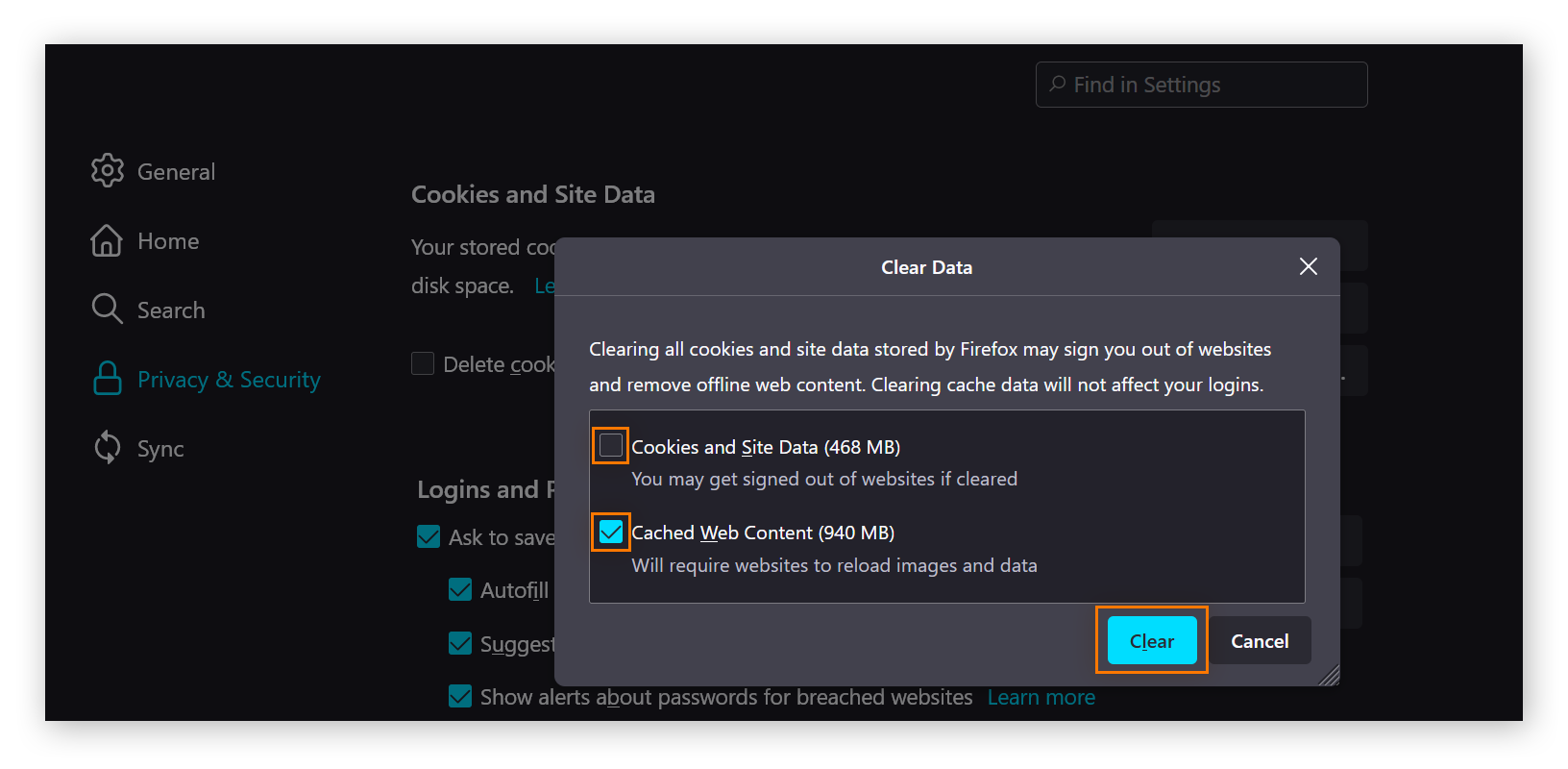 A window confirming that the user would like to clear data The option "Cookies and site data" is unchecked, while the option "Cached web content" is checked.