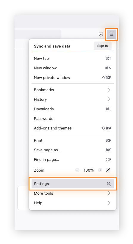 Clicking the Open Application Menu button and locating Settings in Firefox.