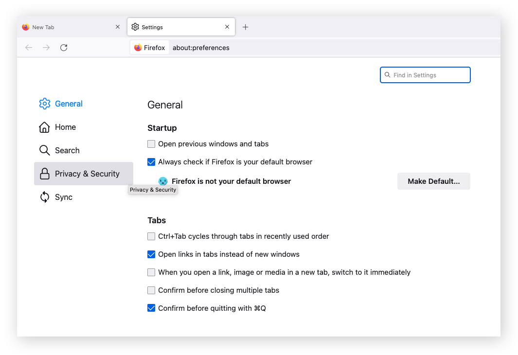 Auswahl der Einstellungen für „Datenschutz & Sicherheit“ im Firefox-Browser.