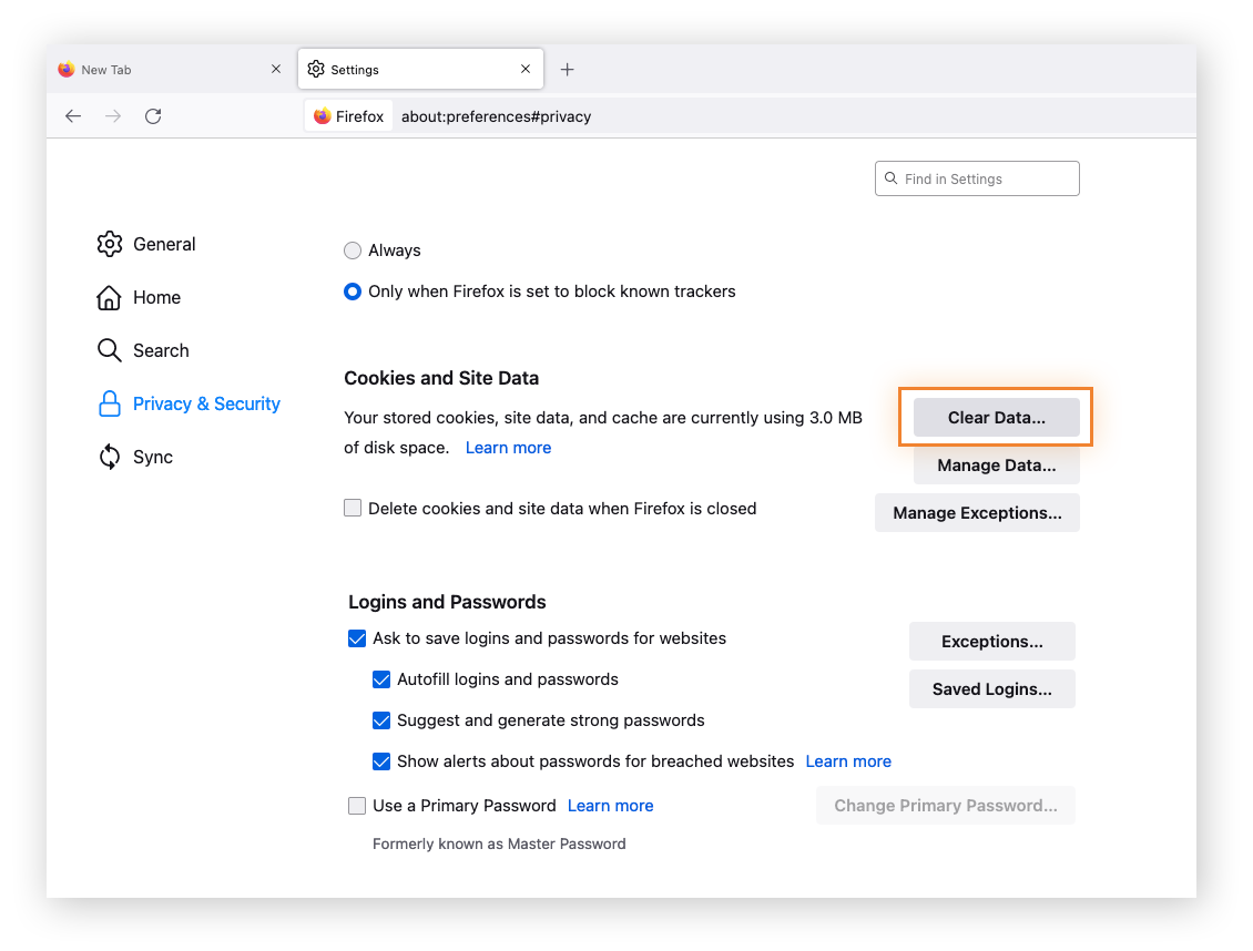 Trouver l’option Effacer les données dans la section Cookies et données de sites des paramètres Vie privée et sécurité de Firefox.