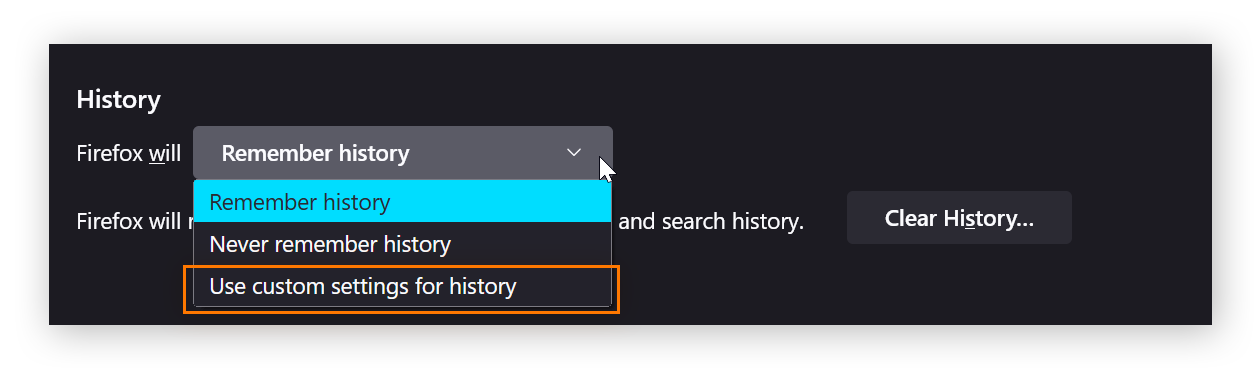 A view of Firefox's privacy and security settings, specifically the section labelled History. Next to "Firefox will..." a drop down menu is shown with "use custom settings for history" circled.