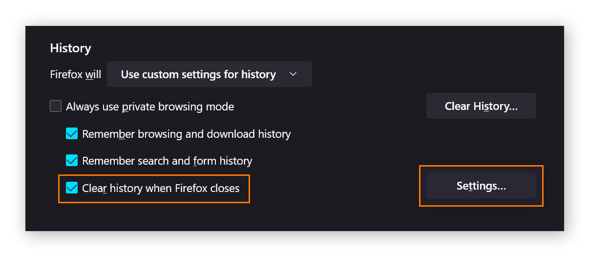 In the privacy and security settings, Firefox is set to "Firefox will use custom settings for history." "Clear history when Firefox closes" is circled.