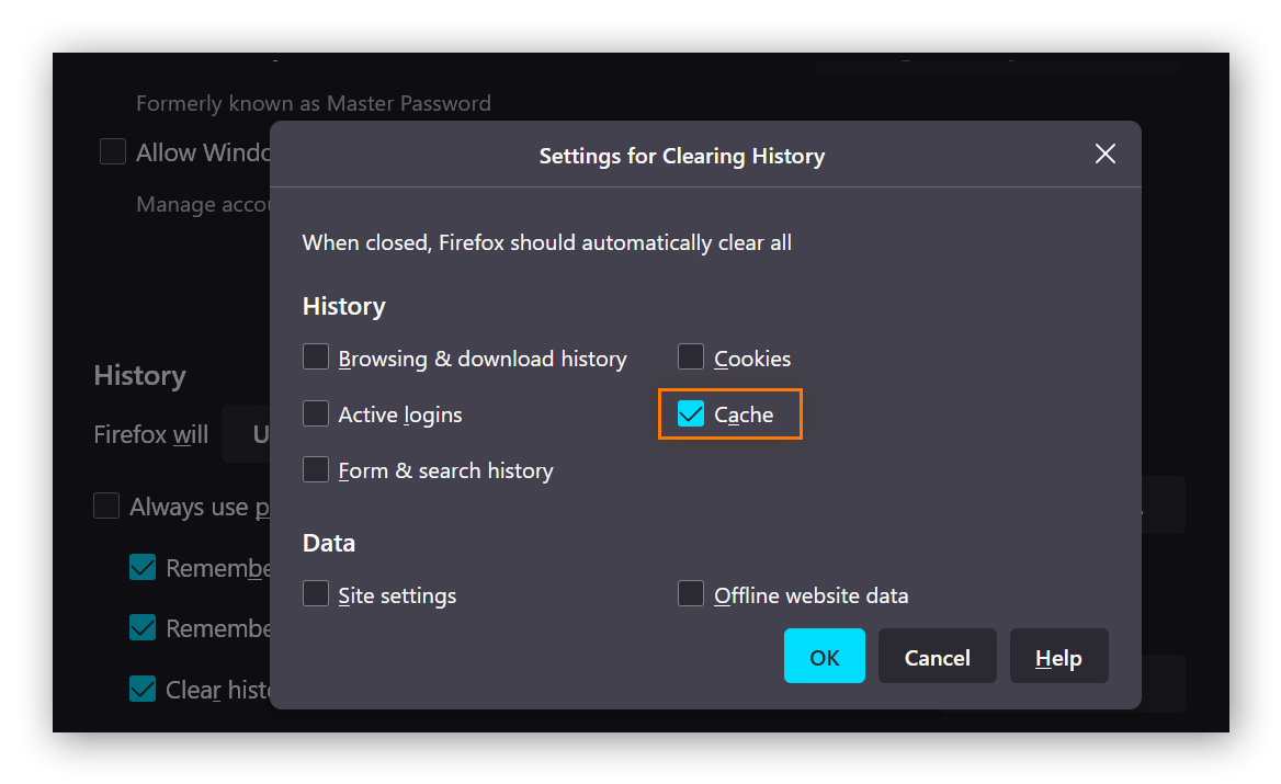 Firefox's "Settings for clearing history" are shown, with only "Cache" checked and things like "Cookies" and "browsing history" unchecked.