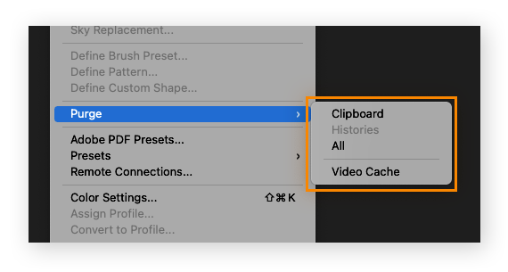 Purge options in Photoshop's edit menu.
