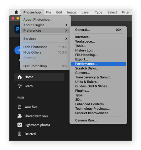 Opening Photoshop performance preferences on Mac.