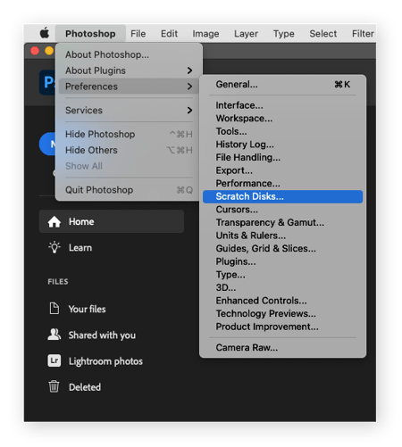 Photoshop menu accessing Scratch Disks.