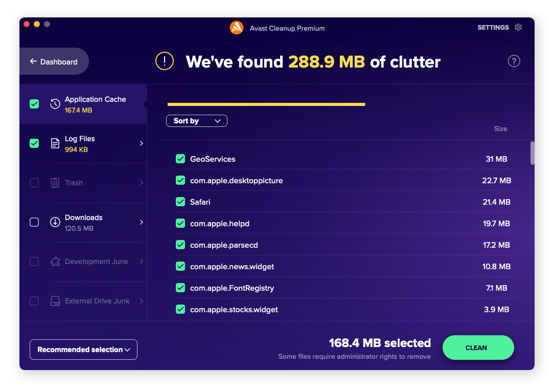 Clearing temporary files from your Mac with Avast Cleanup Premium.