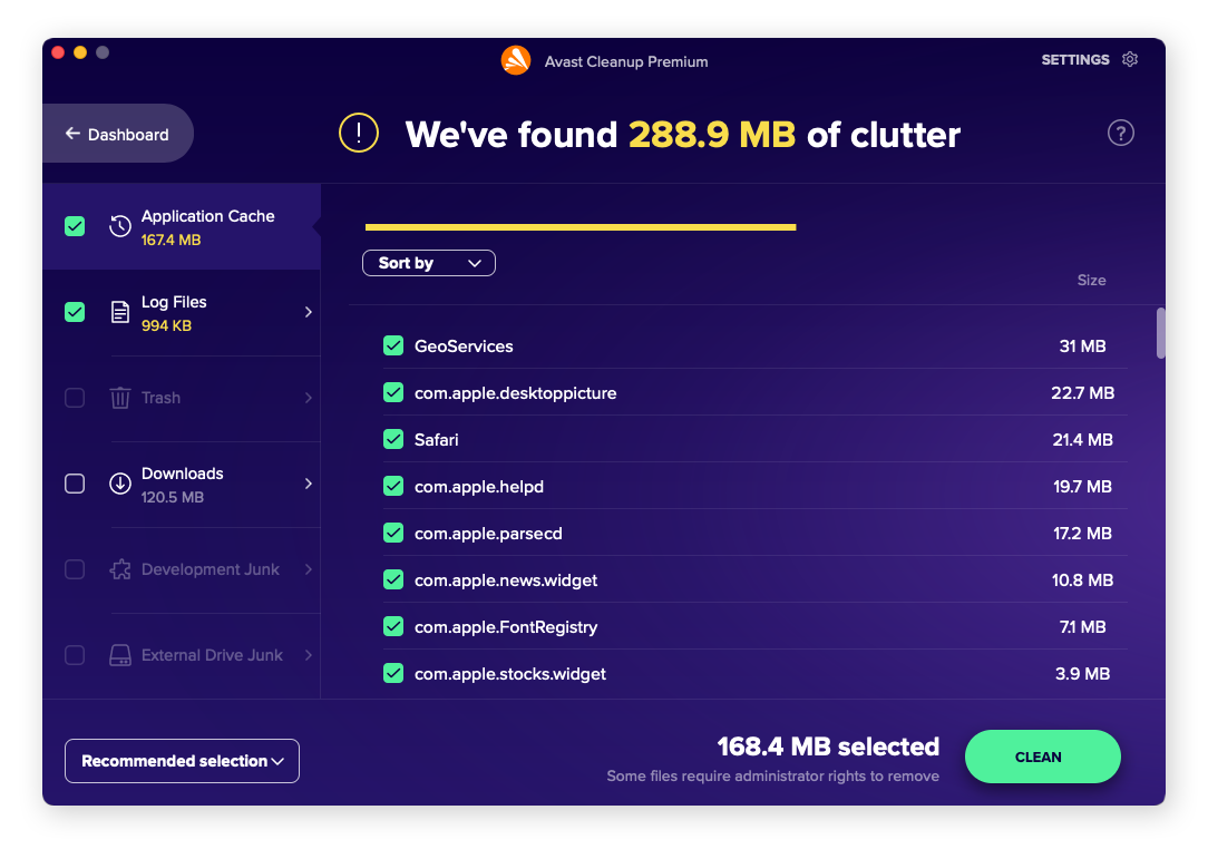 Nettoyage des fichiers temporaires de votre Mac avec Avast Cleanup Premium.