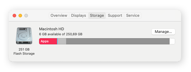 Vérification de l’espace disque disponible sur votre Mac via le menu Apple > À propos de ce Mac > Stockage.
