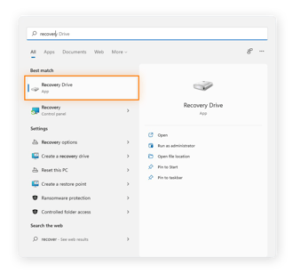 Windows 11에서 복구 드라이브 앱 찾기