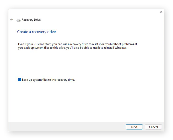 Creating a recovery drive in Windows 11