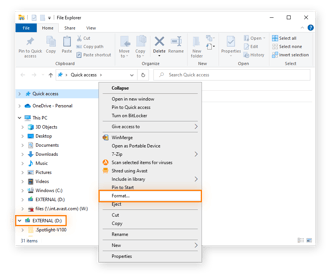 Windows 10 파일 탐색기에서 외부 드라이브를 마우스 오른쪽 버튼으로 클릭 한 다음 형식을 선택하여 드라이브를 개조하십시오
