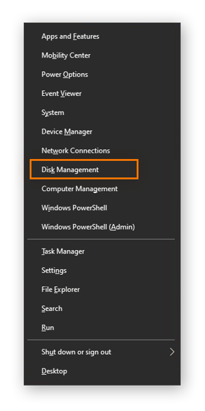 Opening the Disk Management tool in Windows 10
