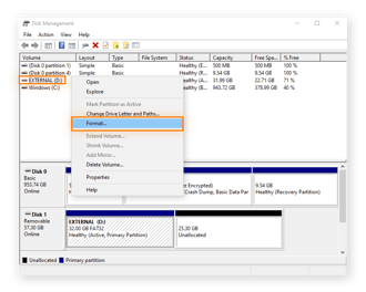 Windows 10 디스크 관리 도구에서 드라이브를 선택하고 재구성합니다