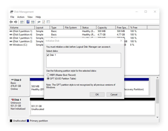 Windows 10 용 디스크 관리 도구에서 디스크 초기화