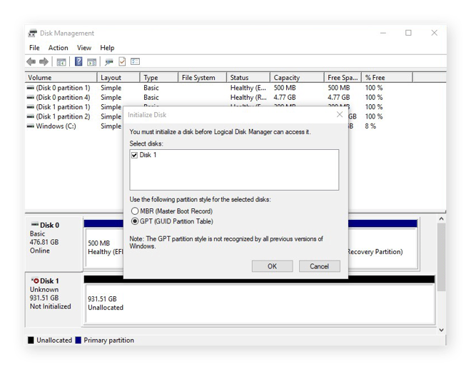 Initializing a disk in the Disk Management tool for Windows 10