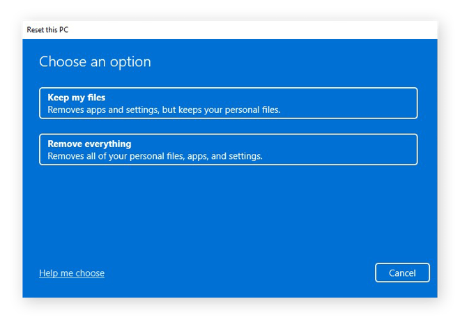 Choosing how to reset a PC in Windows 11