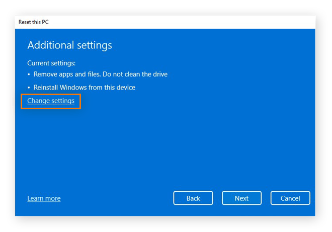 Acceder a la configuración adicional de restablecimiento del PC en Windows 11