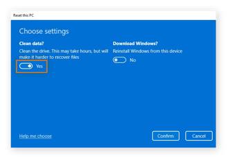 Windows 11에서 PC를 재설정 할 때 데이터 정리 선택