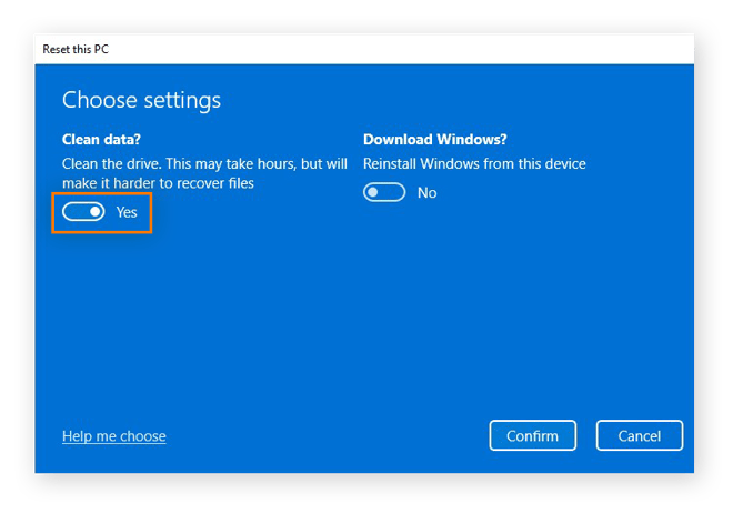 Choosing to clean data when resetting a PC in Windows 11