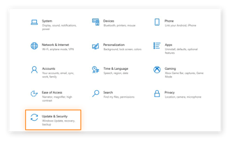 Windows 10에서 PC를 재설정하려면 업데이트 및 보안을 클릭하십시오