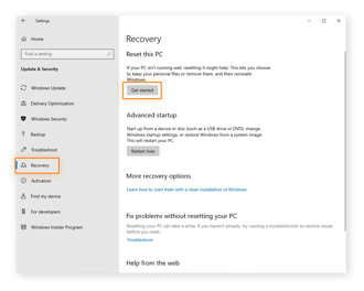 회복을 클릭하여 Windows 10에서 PC를 재설정합니다