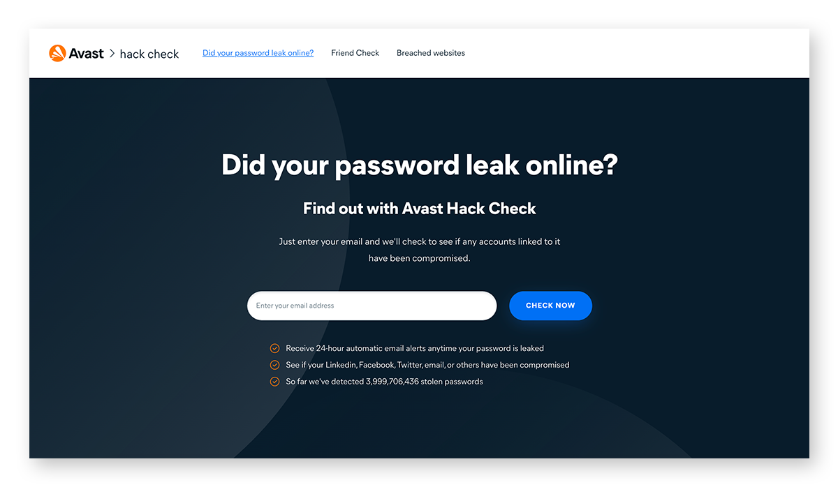 Using Avast Hack Check to see if your email password has leaked