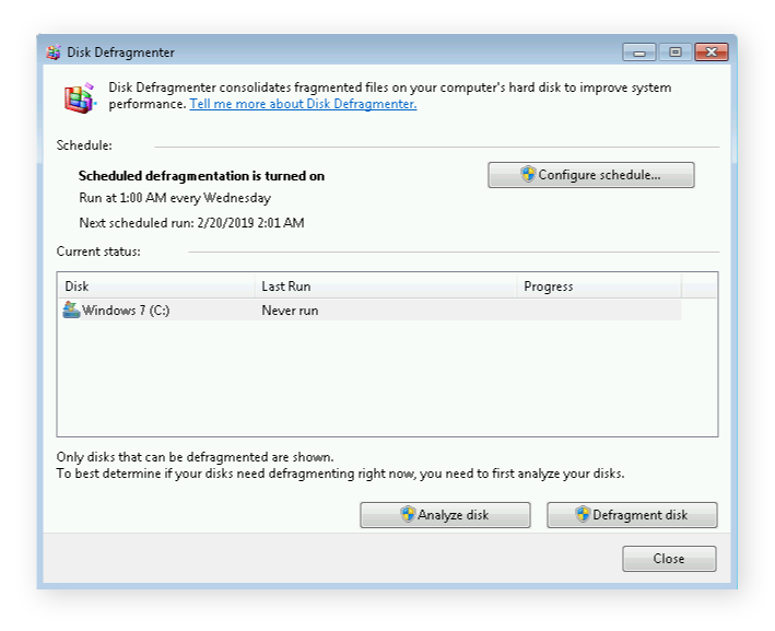 Defrag overview in Windows 7