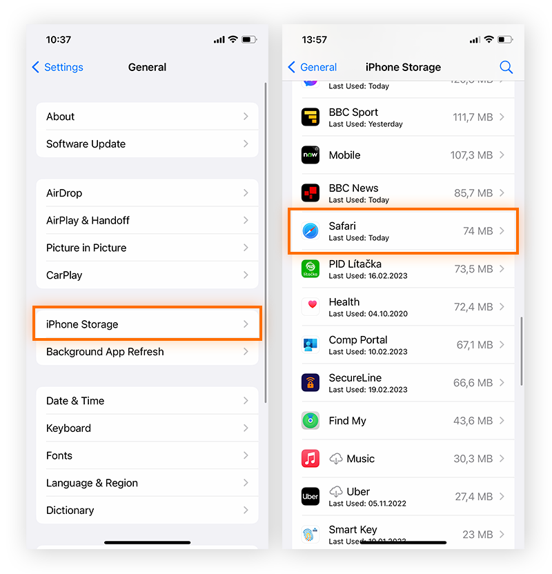 Selecting the Safari browser app in iPhone Storage settings.