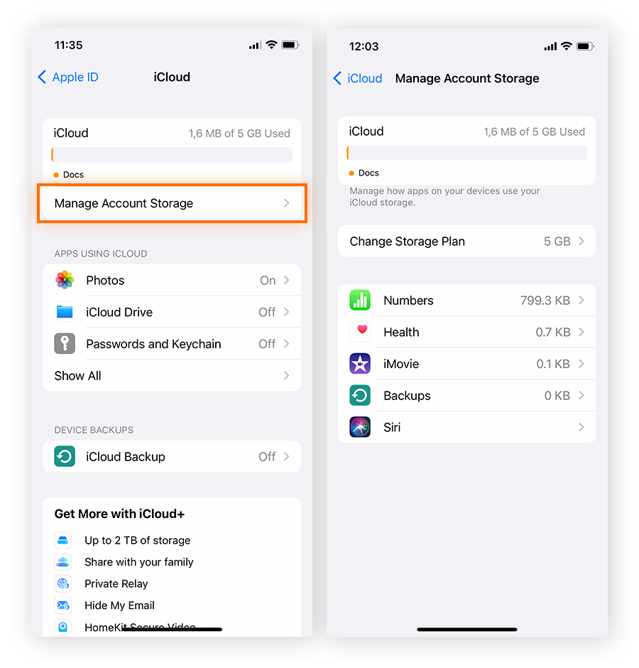 Manage iCloud storage via iOS iCloud settings.