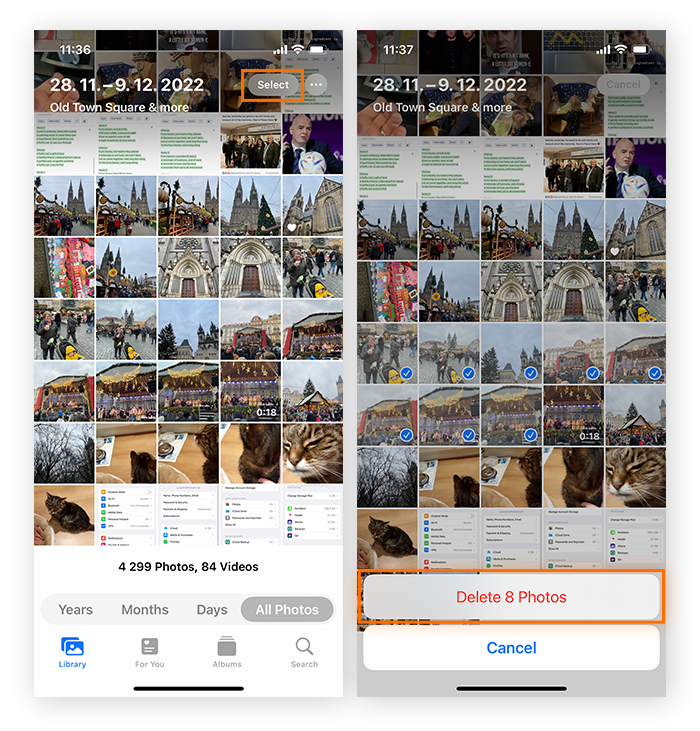 Exclua fotos do iCloud por meio do aplicativo Fotos, selecionando-as e tocando em Excluir para confirmar.