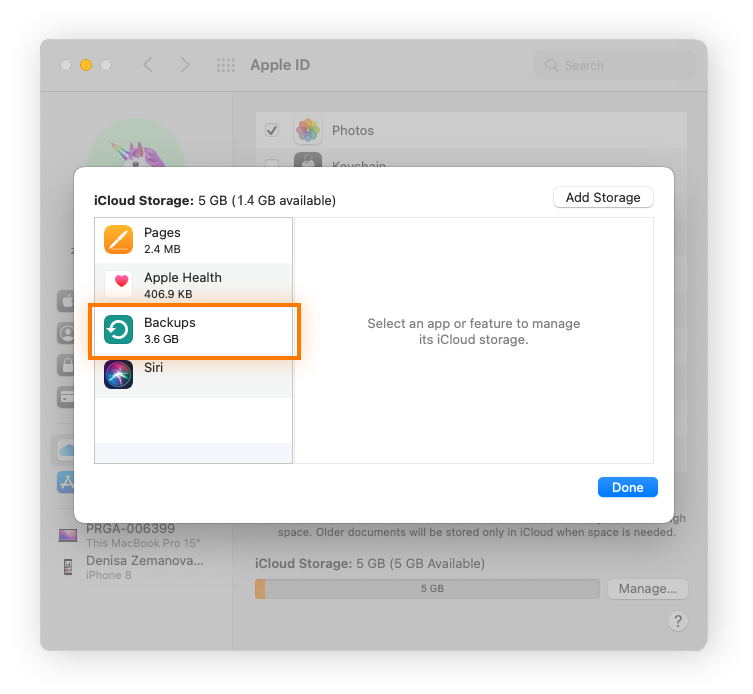 Exclusão de backups no armazenamento do iCloud no Mac.