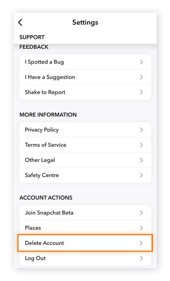  In your Snapchat Account Settings, tap Delete Account.