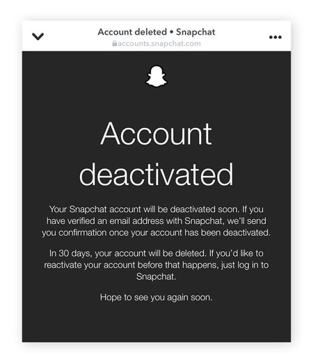 Sua conta do Snapchat ficará desativada por 30 dias antes de ser excluída.