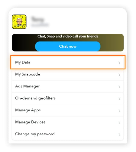 Clique em Meus dados no menu principal online do Snapchat.