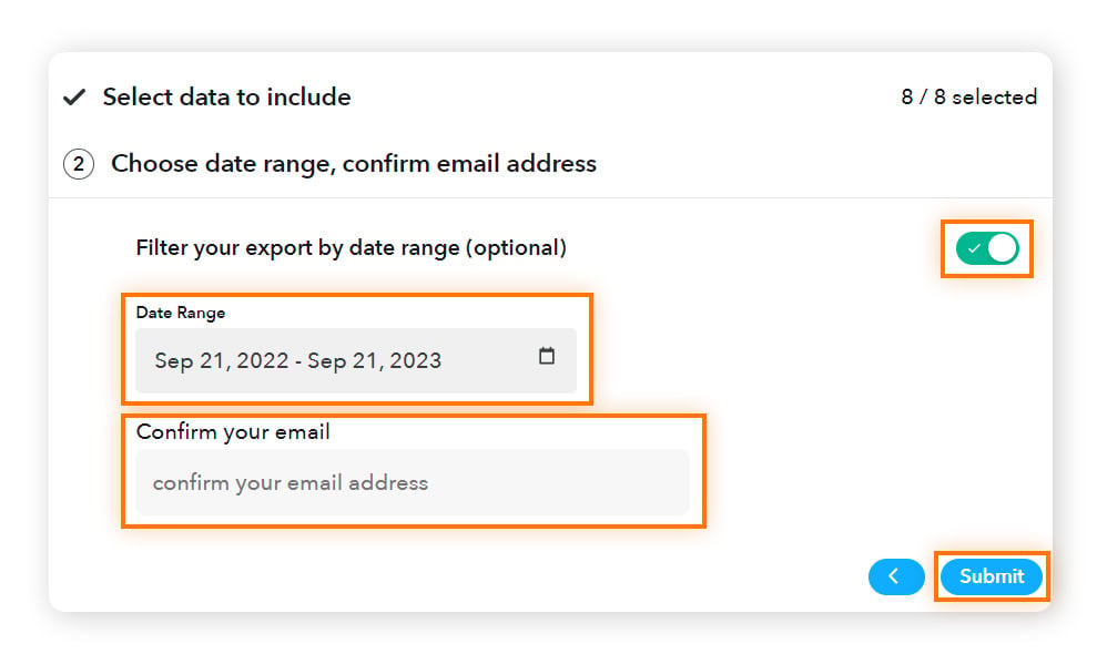 Choisissez une plage de dates (facultatif), saisissez votre adresse e-mail, puis cliquez sur Envoyer.