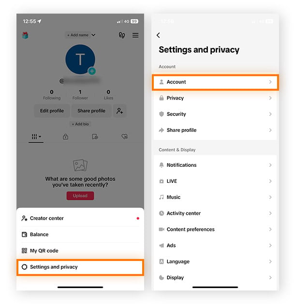  An example of how to navigate to Settings and privacy options in your TikTok account.