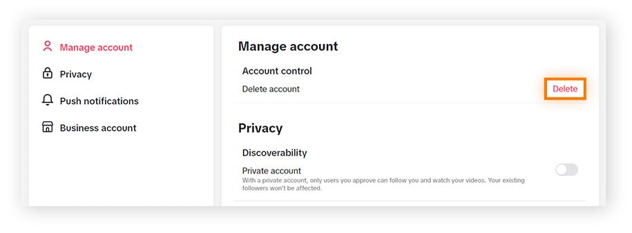 Deleting your TikTok account in account settings in a web browser.