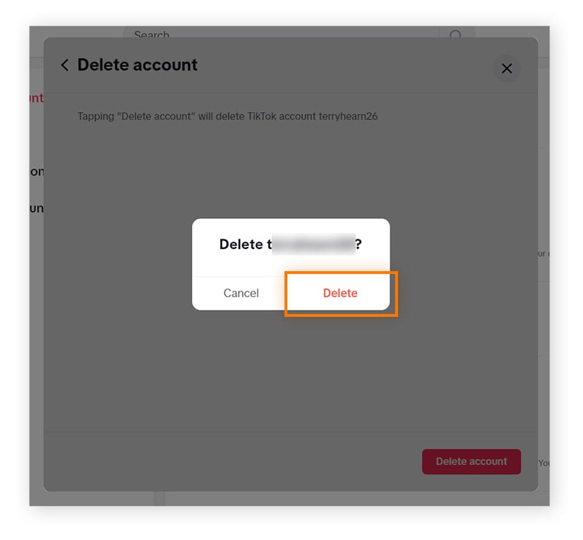 final prompt to delete a TikTok account via the website, with the Delete button highlighted.
