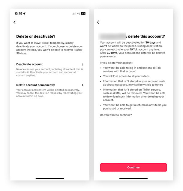 A screenshot from the TikTok deactivation process that explains what deactivation involves for users.