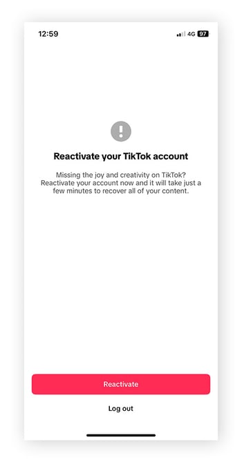 Seite zum Reaktivieren des TikTok-Kontos in der TikTok-App