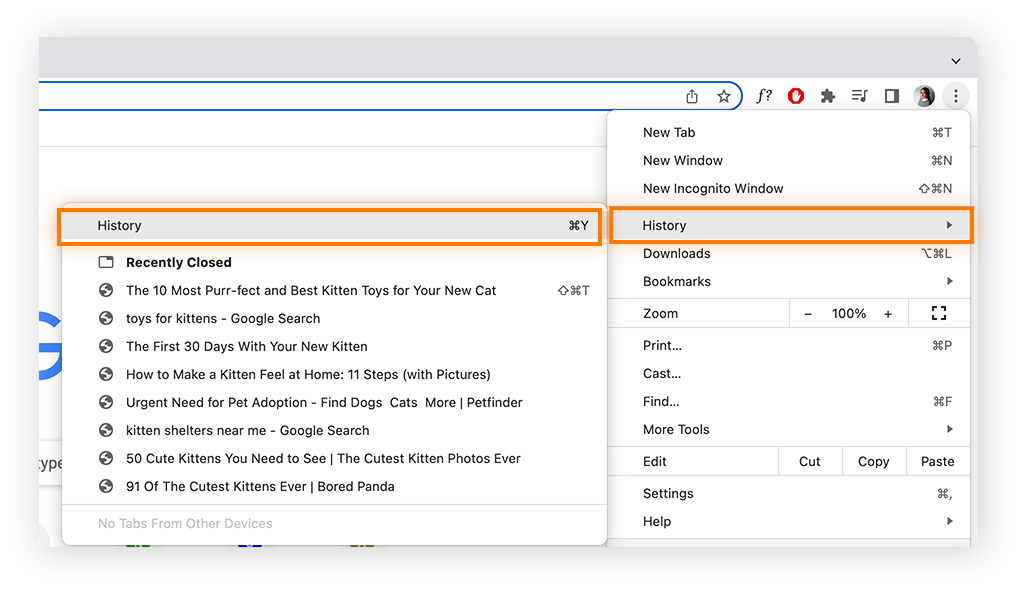Acceso al historial del navegador Chrome para eliminar las búsquedas de Google y otros datos de navegación.