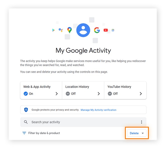 Clearing Google account history via the Google My Activity page.