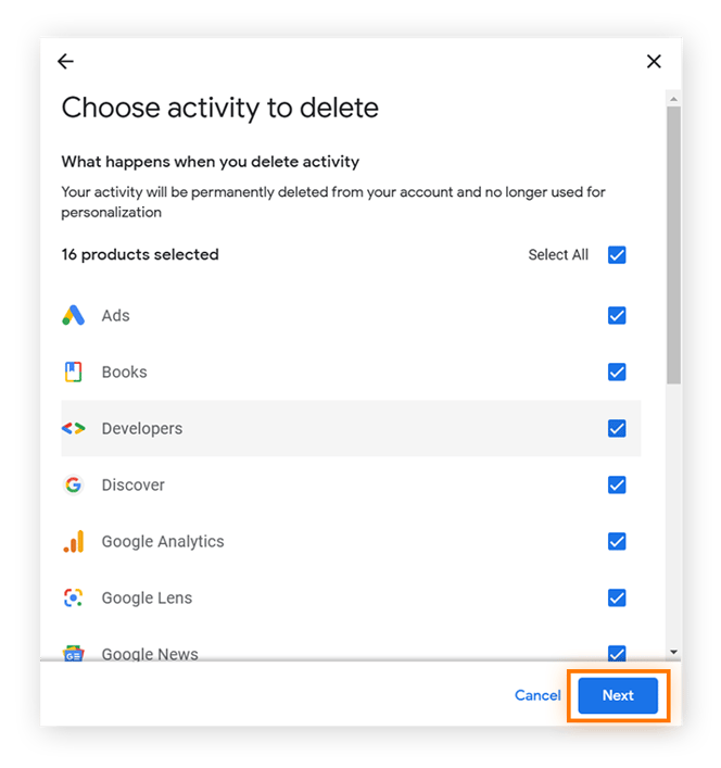 Selecting which types of activity to delete in Google's My Activity.